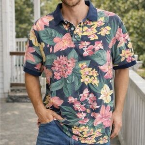 Abercrombie & Fitch Tropical Floral Polo Shirt Men’s Large Navy Botanical Print